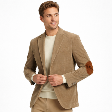 Retro kordfløyelsblazer til herre – grå slim fit jakke med patchwork (vår/høst)