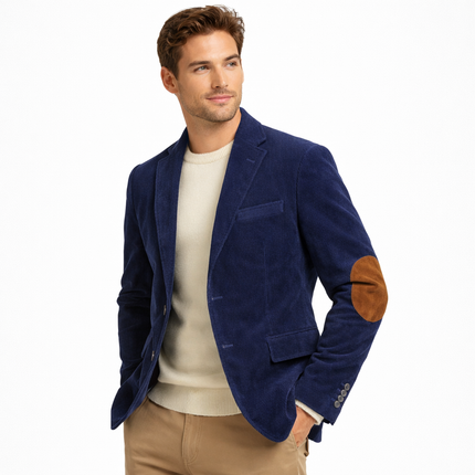 Retro kordfløyelsblazer til herre – grå slim fit jakke med patchwork (vår/høst)