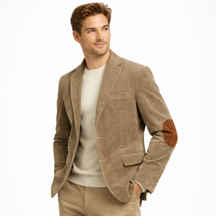 Retro kordfløyelsblazer til herre – grå slim fit jakke med patchwork (vår/høst)