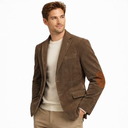 Retro kordfløyelsblazer til herre – grå slim fit jakke med patchwork (vår/høst)