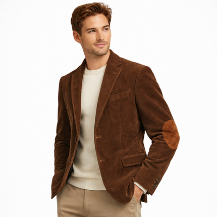 Retro kordfløyelsblazer til herre – grå slim fit jakke med patchwork (vår/høst)