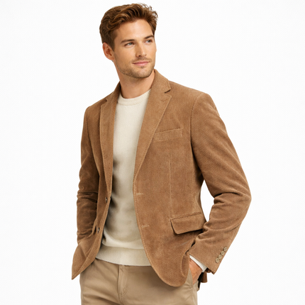 Retro kordfløyelsblazer til herre – grå slim fit jakke med patchwork (vår/høst)