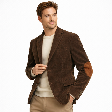 Retro kordfløyelsblazer til herre – grå slim fit jakke med patchwork (vår/høst)