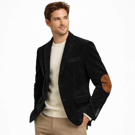 Retro kordfløyelsblazer til herre – grå slim fit jakke med patchwork (vår/høst)