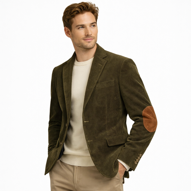 Retro kordfløyelsblazer til herre – grå slim fit jakke med patchwork (vår/høst)