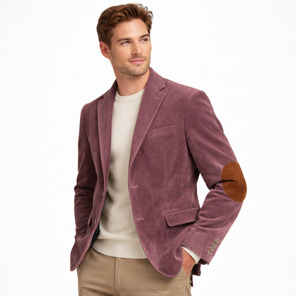 Retro kordfløyelsblazer til herre – grå slim fit jakke med patchwork (vår/høst)