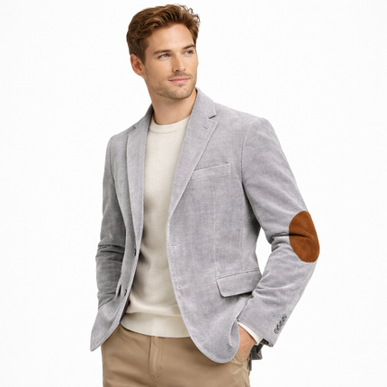 Retro kordfløyelsblazer til herre – grå slim fit jakke med patchwork (vår/høst)