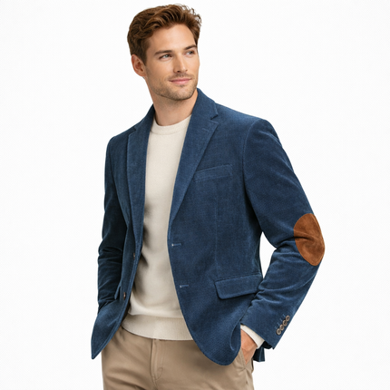 Retro kordfløyelsblazer til herre – grå slim fit jakke med patchwork (vår/høst)