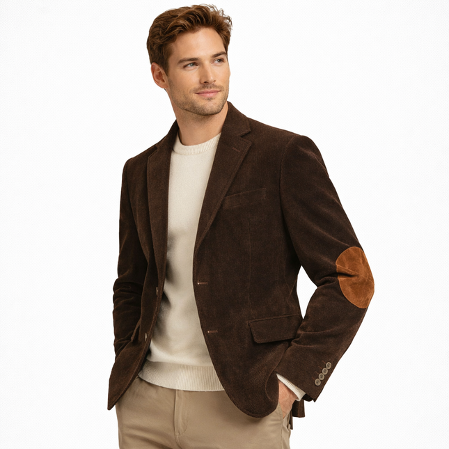 Retro kordfløyelsblazer til herre – grå slim fit jakke med patchwork (vår/høst)