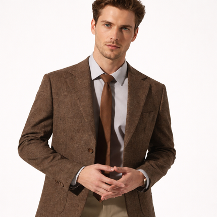 Klassisk britisk herreblazer i fiskeben (ullblanding) – college-stil med albuelapper, single breasted (høst/vinter)