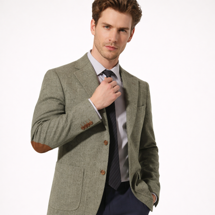 Klassisk britisk herreblazer i fiskeben (ullblanding) – college-stil med albuelapper, single breasted (høst/vinter)