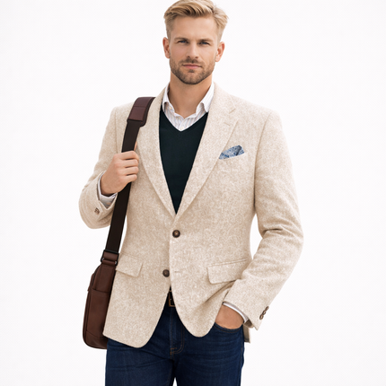 Vintage brun tweed dressjakke til herre – patchwork-design, smart business & bryllup (1-del)