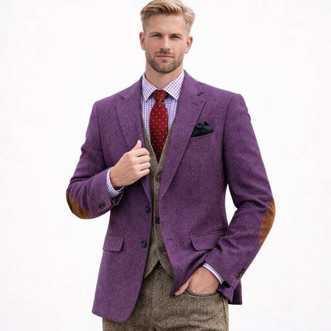 Vintage brun tweed dressjakke til herre – patchwork-design, smart business & bryllup (1-del)