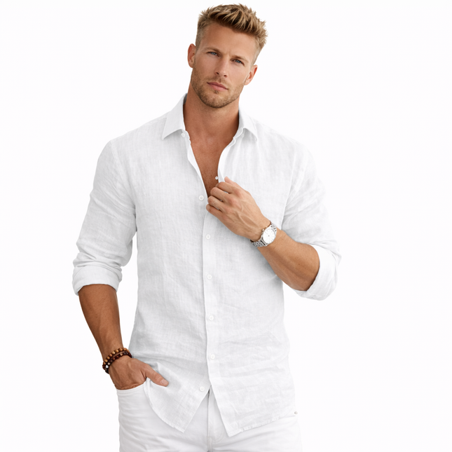 Herreskjorte i Bomull og Lin – Langermet, Ensfarget og Avslappet Stil (Høst/Vår)