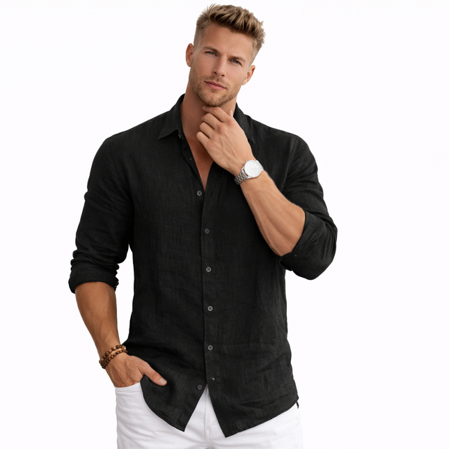 Herreskjorte i Bomull og Lin – Langermet, Ensfarget og Avslappet Stil (Høst/Vår)