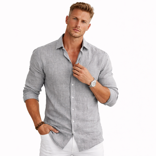 Herreskjorte i Bomull og Lin – Langermet, Ensfarget og Avslappet Stil (Høst/Vår)