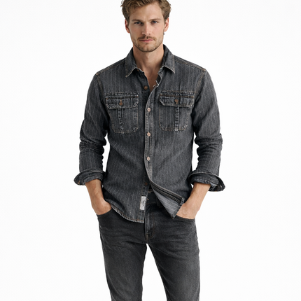 Britisk Retro Denimskjorte for Menn – Tung Sort/Grå Stripet Skjortejakke med Lomme | Klassisk Høststil