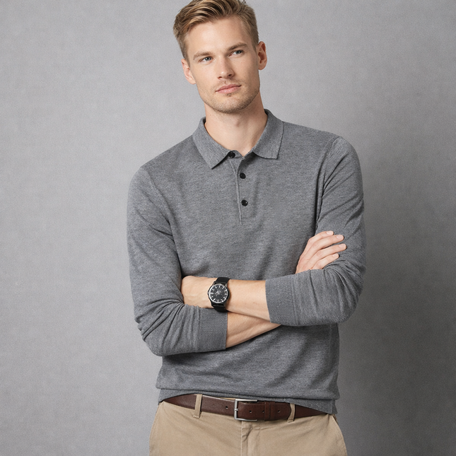 Herregenser i Ullblanding med Krage – Ensfarget Langermet Polo-genser | Elegant og Varm Genser til Høst og Vinter (M–4XL)