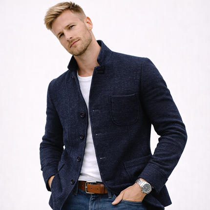 Herre cardigan-kåpe i ulllook – enkeltspent med lommer, ståkrage og slim fit (høst/vinter)