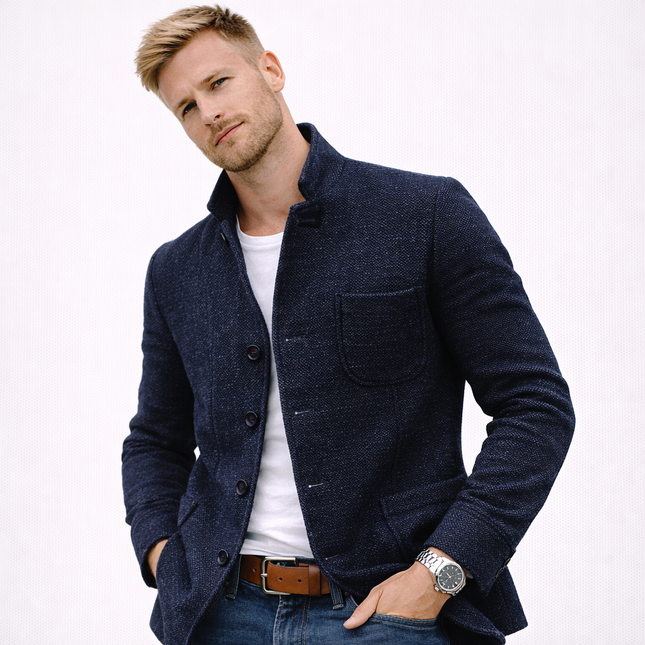 Herre cardigan-kåpe i ulllook – enkeltspent med lommer, ståkrage og slim fit (høst/vinter)