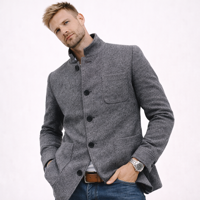 Herre cardigan-kåpe i ulllook – enkeltspent med lommer, ståkrage og slim fit (høst/vinter)