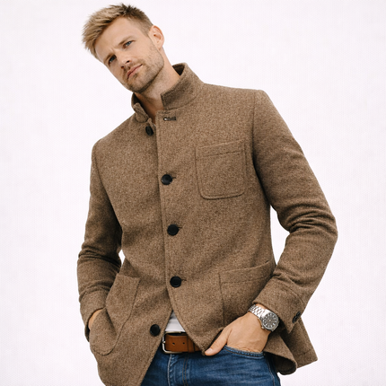 Herre cardigan-kåpe i ulllook – enkeltspent med lommer, ståkrage og slim fit (høst/vinter)