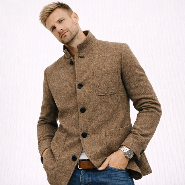 Herre cardigan-kåpe i ulllook – enkeltspent med lommer, ståkrage og slim fit (høst/vinter)