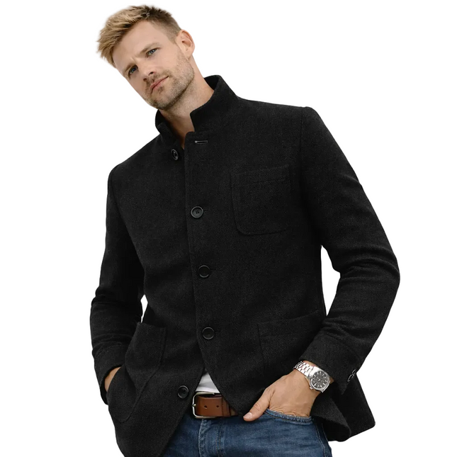 Herre cardigan-kåpe i ulllook – enkeltspent med lommer, ståkrage og slim fit (høst/vinter)