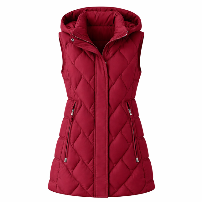 Mellomlang vattert damevest med hette – varm høst- og vintervest opptil 5XL