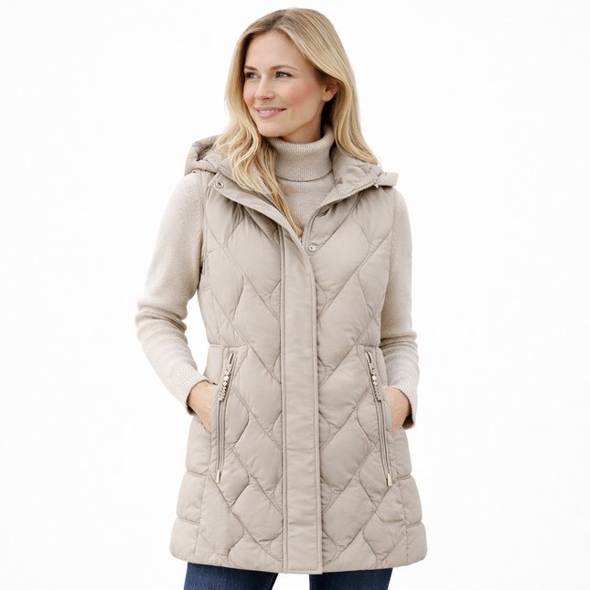 Mellomlang vattert damevest med hette – varm høst- og vintervest opptil 5XL
