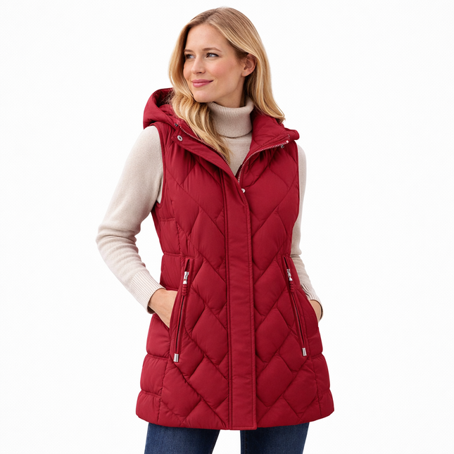 Mellomlang vattert damevest med hette – varm høst- og vintervest opptil 5XL