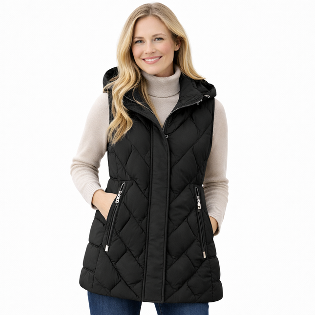 Mellomlang vattert damevest med hette – varm høst- og vintervest opptil 5XL