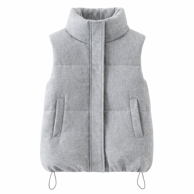 Tykk, varm grå bomullsvest til dame – vattert waistcoat med ståkrage for høst og vinter