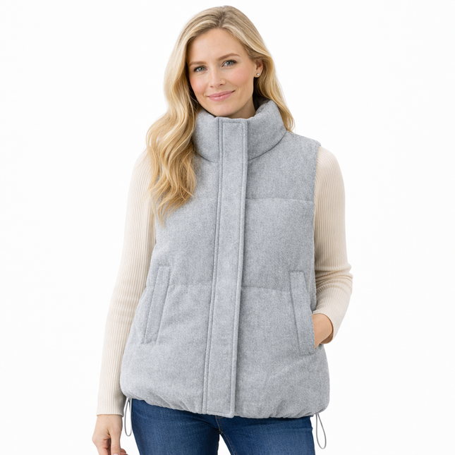 Tykk, varm grå bomullsvest til dame – vattert waistcoat med ståkrage for høst og vinter