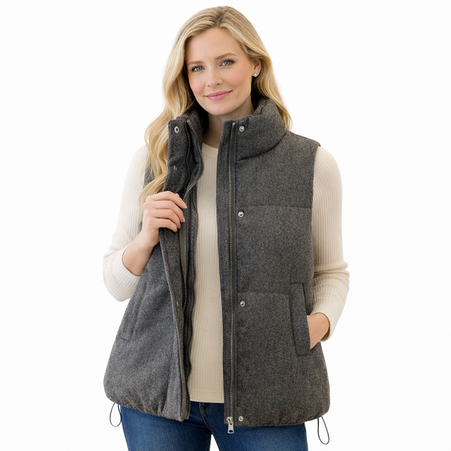 Tykk, varm grå bomullsvest til dame – vattert waistcoat med ståkrage for høst og vinter