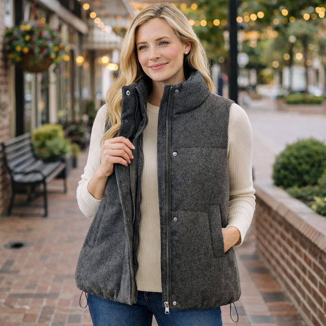 Tykk, varm grå bomullsvest til dame – vattert waistcoat med ståkrage for høst og vinter