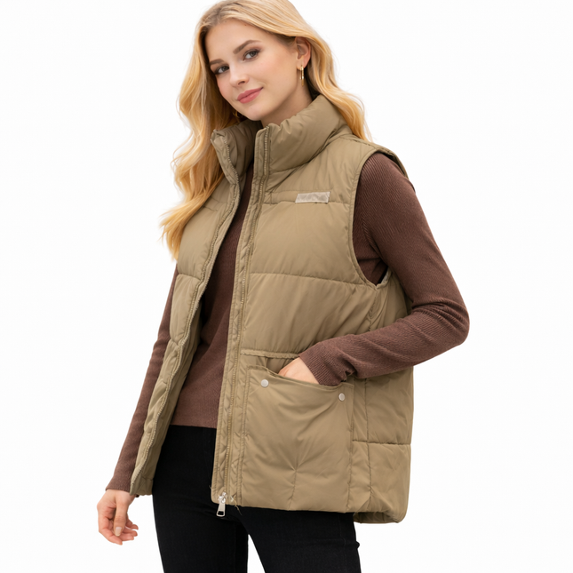 Lett og tynn vattert bomullsvest til dame – elegant, løs passform som virker slankende