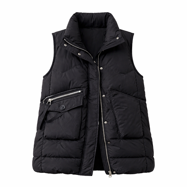 Varm ermeløs damevest med store lommer – vattert waistcoat med glidelås og ståkrage
