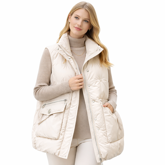 Varm ermeløs damevest med store lommer – vattert waistcoat med glidelås og ståkrage