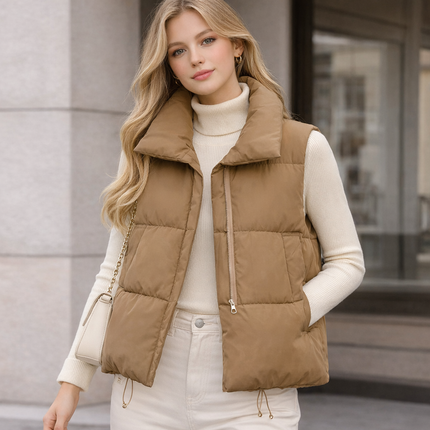 Varm vattert damevest med glidelås – ermeløs, løs passform til høst og vinter