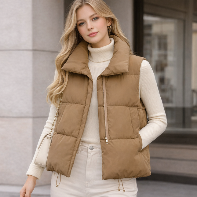 Varm vattert damevest med glidelås – ermeløs, løs passform til høst og vinter