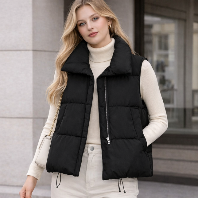 Varm vattert damevest med glidelås – ermeløs, løs passform til høst og vinter