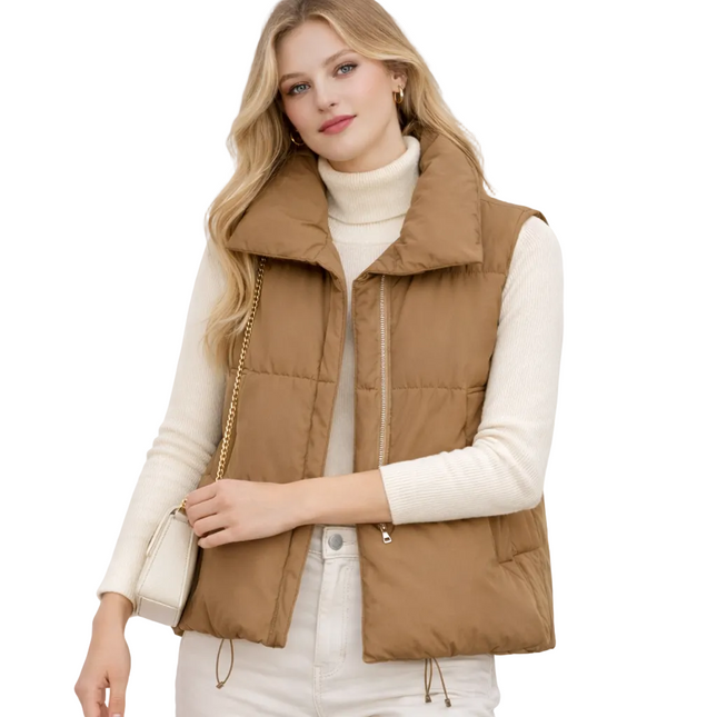 Varm vattert damevest med glidelås – ermeløs, løs passform til høst og vinter