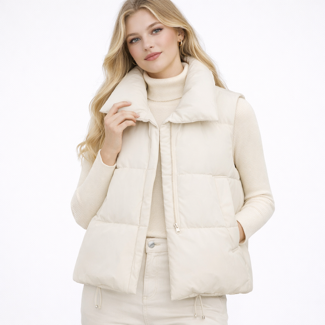 Varm vattert damevest med glidelås – ermeløs, løs passform til høst og vinter