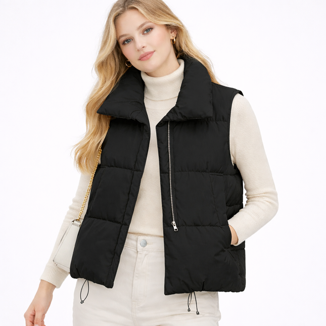 Varm vattert damevest med glidelås – ermeløs, løs passform til høst og vinter
