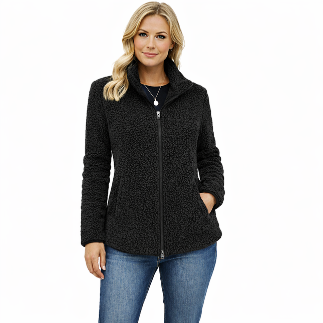 Myk velur-sweatshirt til dame – ensfarget med ståkrage og glidelås