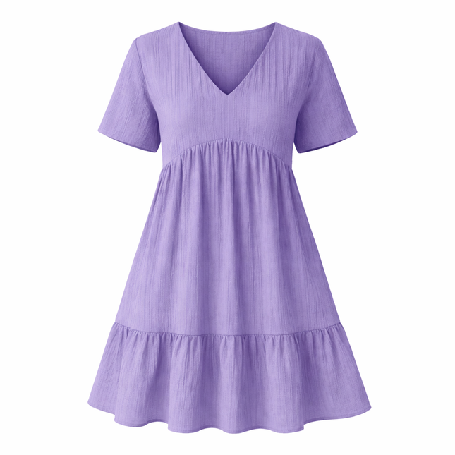 Elegant Vintage Sommerkjole – Kortermet A-linje Kjole med V-hals og Høyt Liv