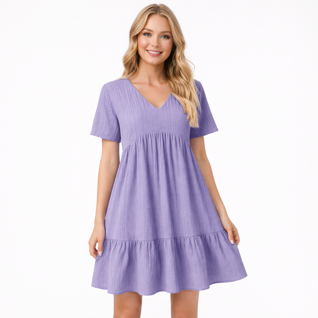 Elegant Vintage Sommerkjole – Kortermet A-linje Kjole med V-hals og Høyt Liv