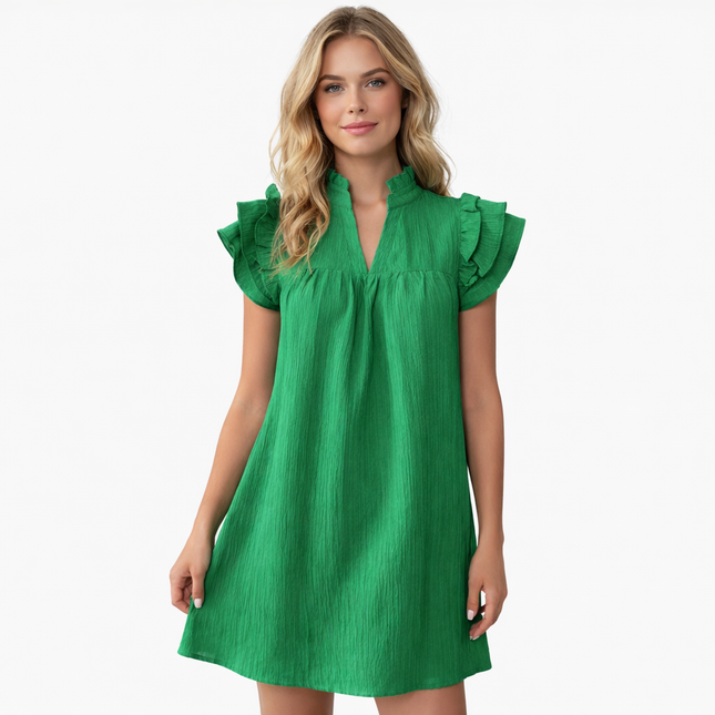 Sommerkjole i Grønn – Kort A-linje med Volang-ermer og V-hals