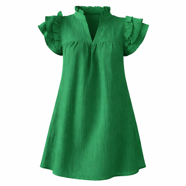 Sommerkjole i Grønn – Kort A-linje med Volang-ermer og V-hals